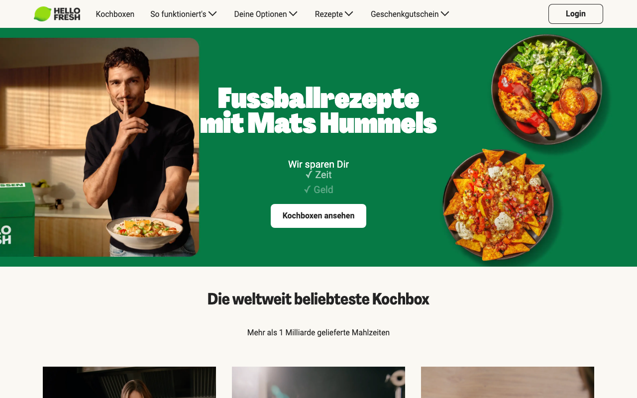 HelloFresh Website: Startseite mit aktuellem Neukunden-Angebot und Kochboxen bestellen
