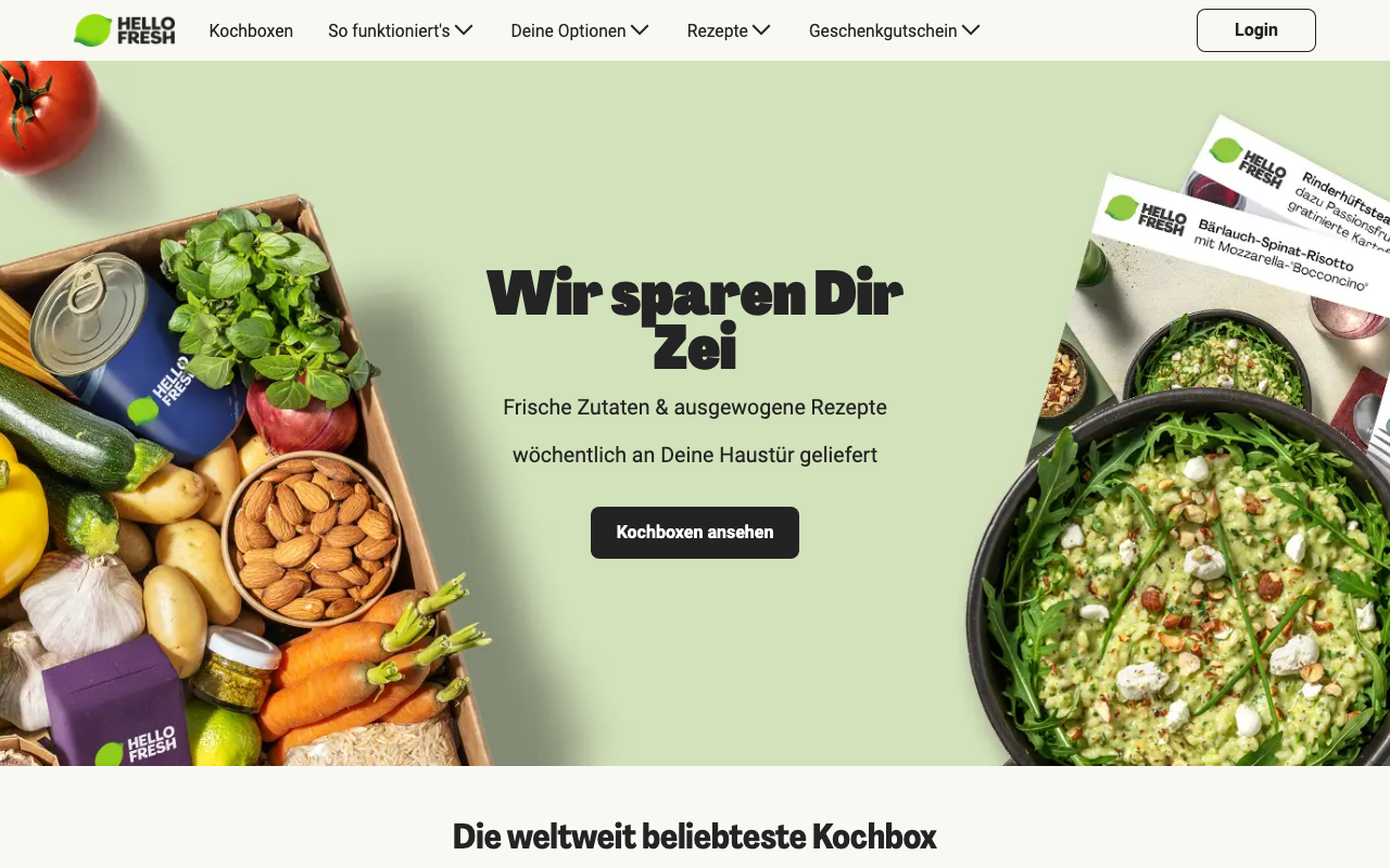HelloFresh Startseite mit aktuellem Neukunden-Angebot und Kochbox-Bestellmöglichkeit