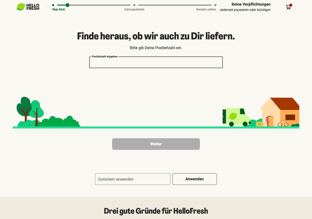 HelloFresh Bestellformular mit dem Gutscheincode-Feld und Anwenden-Button für Neukunden