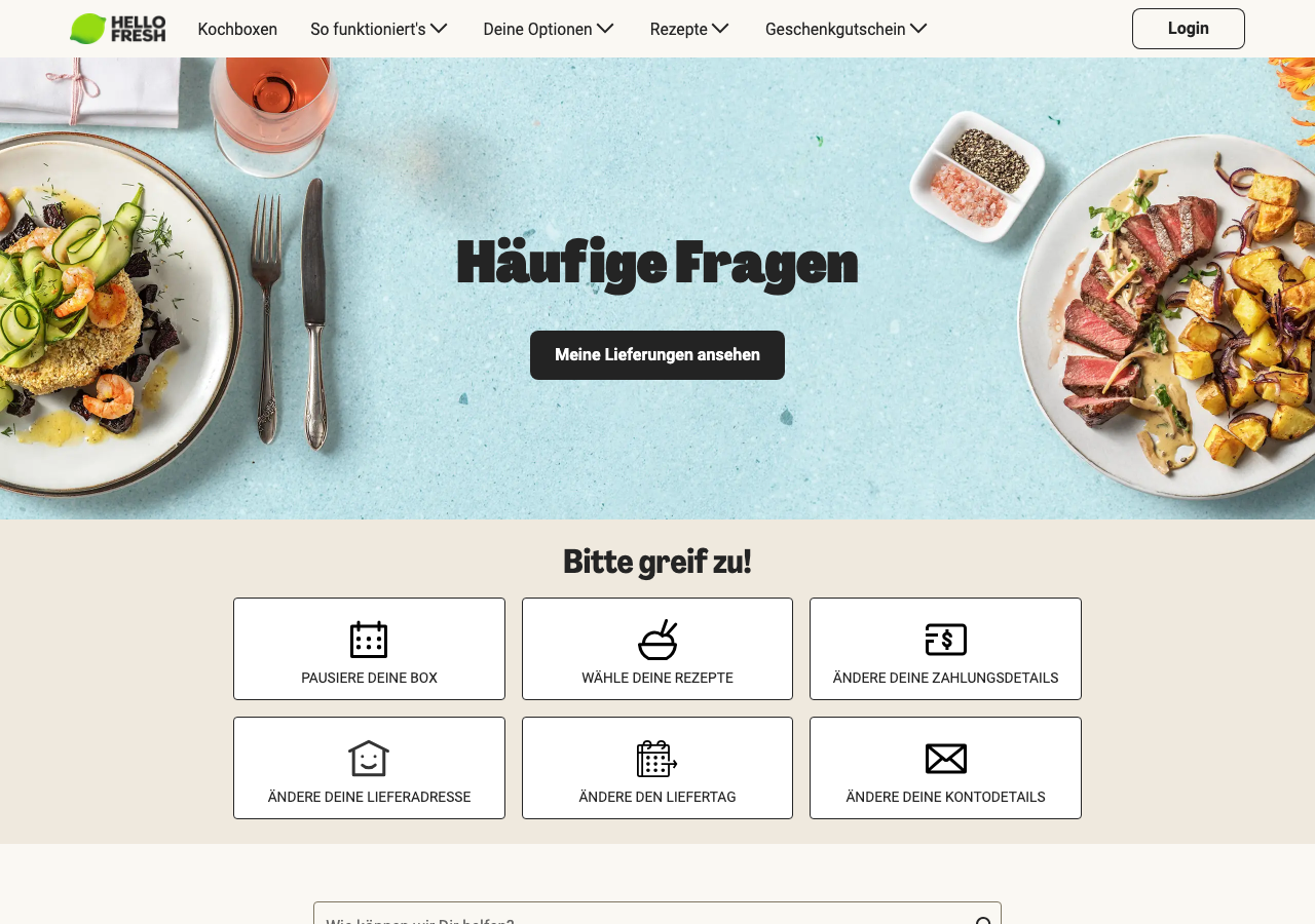 HelloFresh Häufige Fragen Seite mit Kontoverwaltungs-Optionen für Kündigung und Lieferplan