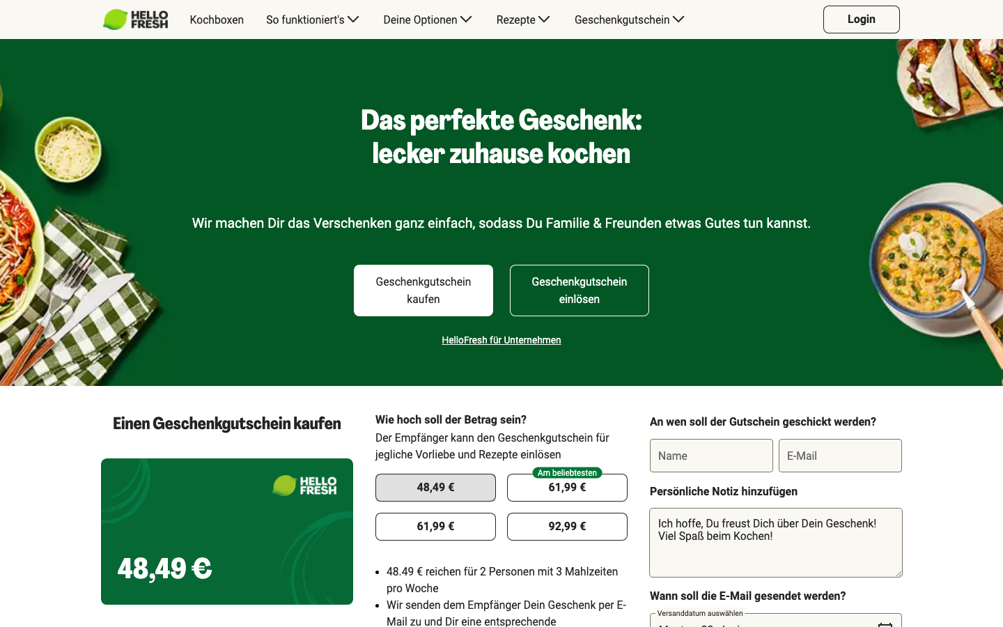 HelloFresh Geschenkgutschein kaufen auf hellofresh.de/gift