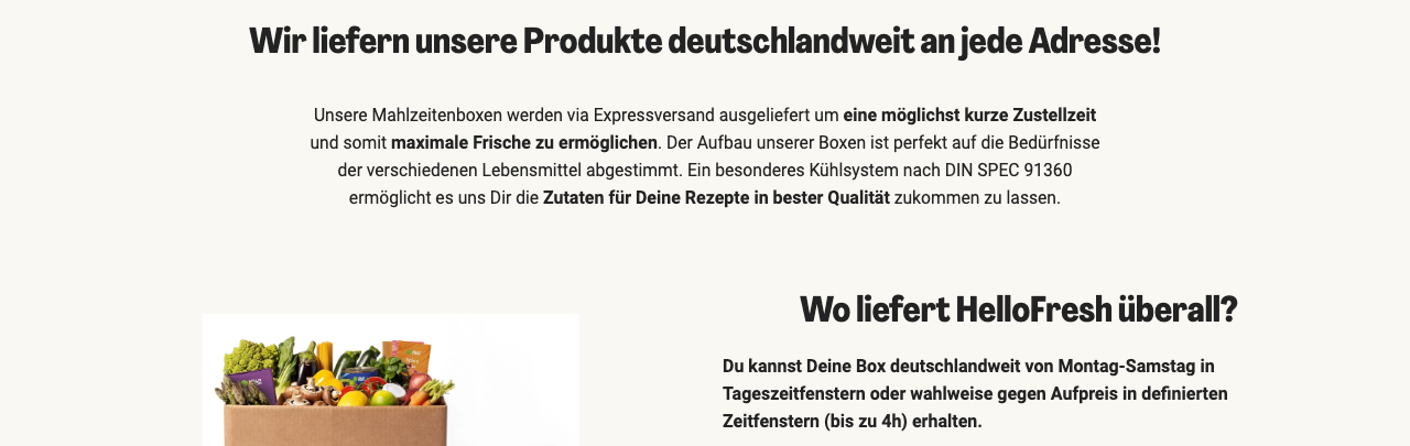 Screenshot der offiziellen HelloFresh Liefergebiete-Seite mit Hinweis auf Tageszeitfenster und buchbares 4-Stunden-Zeitfenster gegen Aufpreis