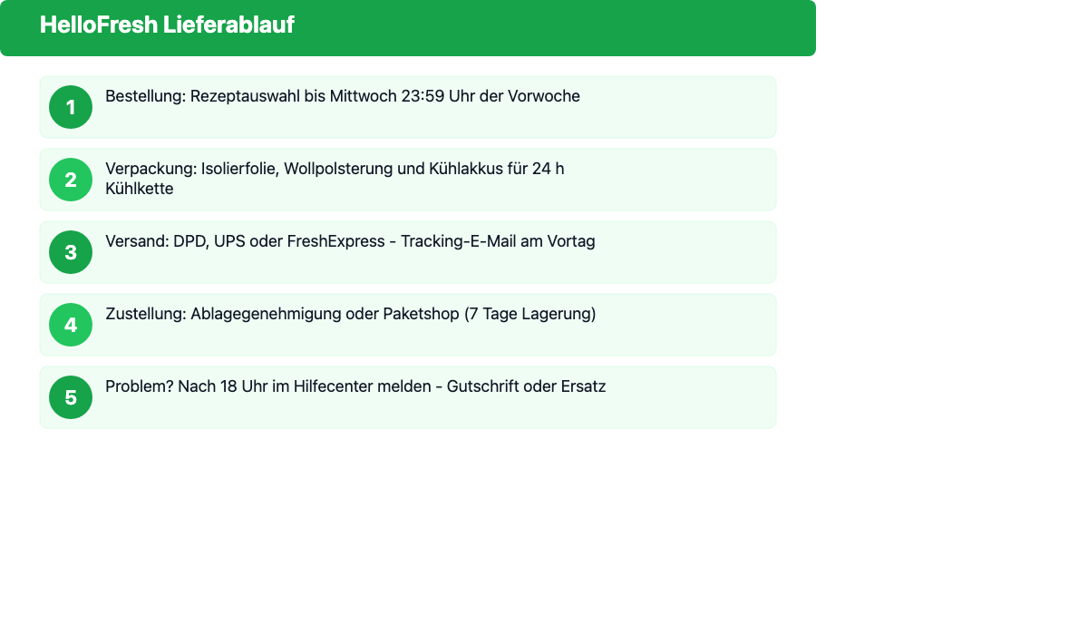 Infografik: HelloFresh Lieferablauf in 5 Schritten – von der Bestellung über Verpackung und Versand bis zur Zustellung