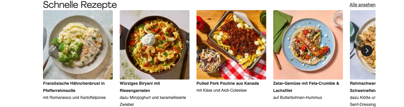 Screenshot der HelloFresh-Rezeptseite mit Filter nach Rezeptart: Fleisch, Vegan, Vegetarisch, Fisch und Meeresfrüchte, Pasta