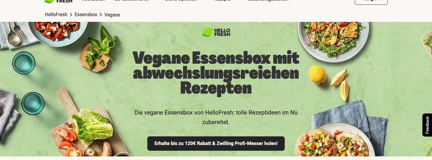 Startseite der veganen HelloFresh Essensbox mit Rabattangebot