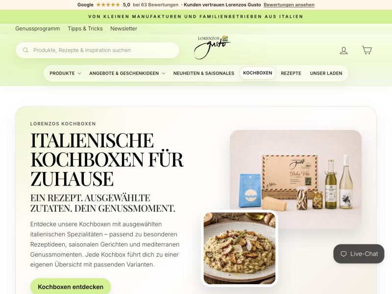 Screenshot der Lorenzo's-Gusto-Kochboxen-Übersichtsseite, live geprüft im Oktober 2026