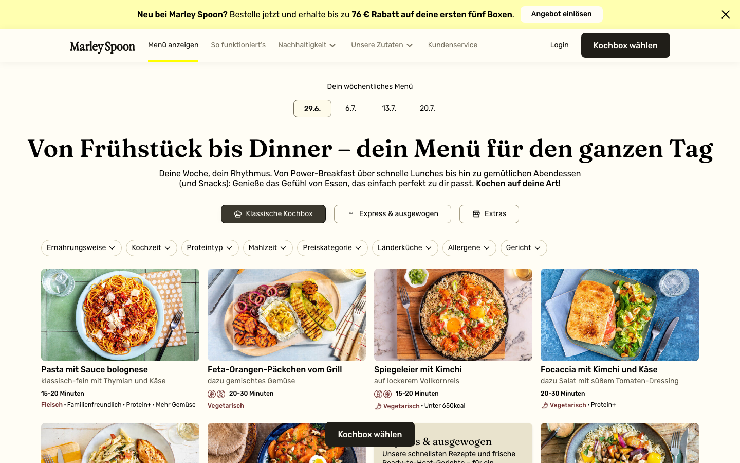 Marley Spoon Wochenmenü 2026 ohne Login auf marleyspoon.de/menu