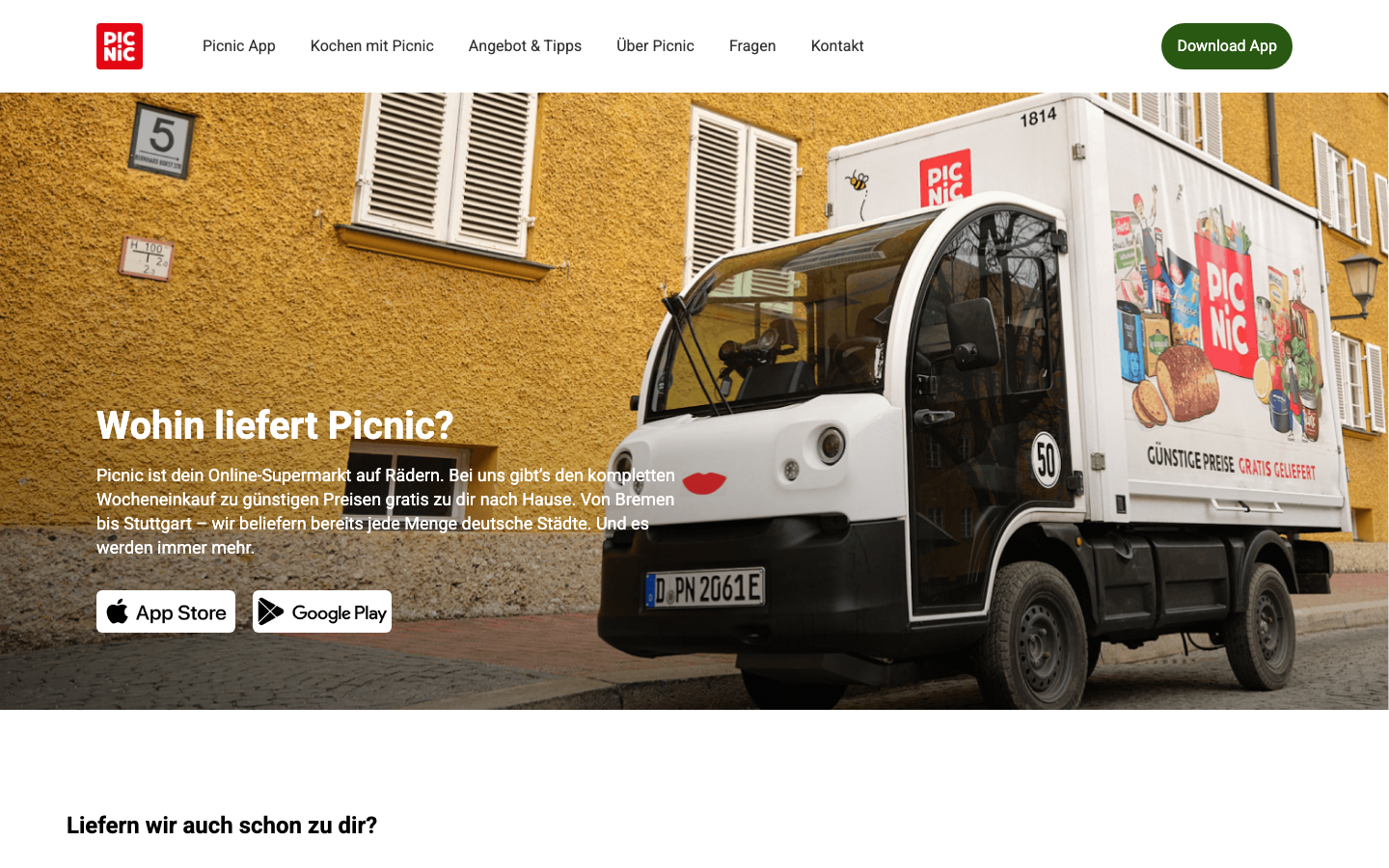 Screenshot der Picnic Alle-Orte-Seite mit Adressprüfung