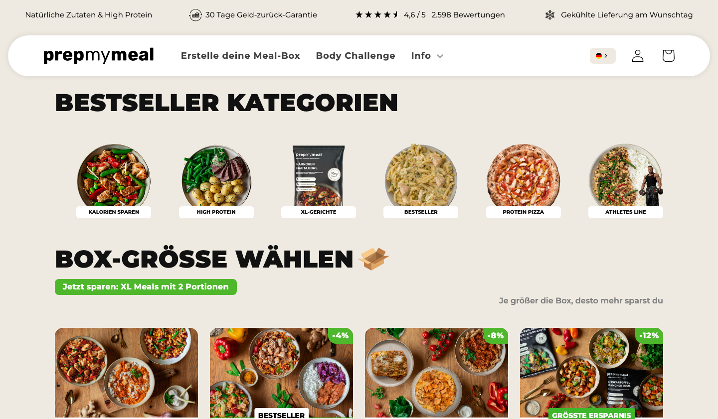 PrepmyMeal Startseite mit Box-Groessen-Auswahl und Preisstaffelung