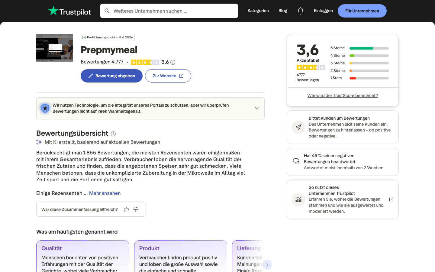 Trustpilot-Bewertungsseite von PrepmyMeal mit 3,6 von 5 Sternen