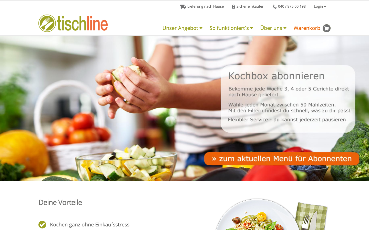 Die Startseite von tischline.de zeigt das Bestellmodell ohne Abo-Pflicht