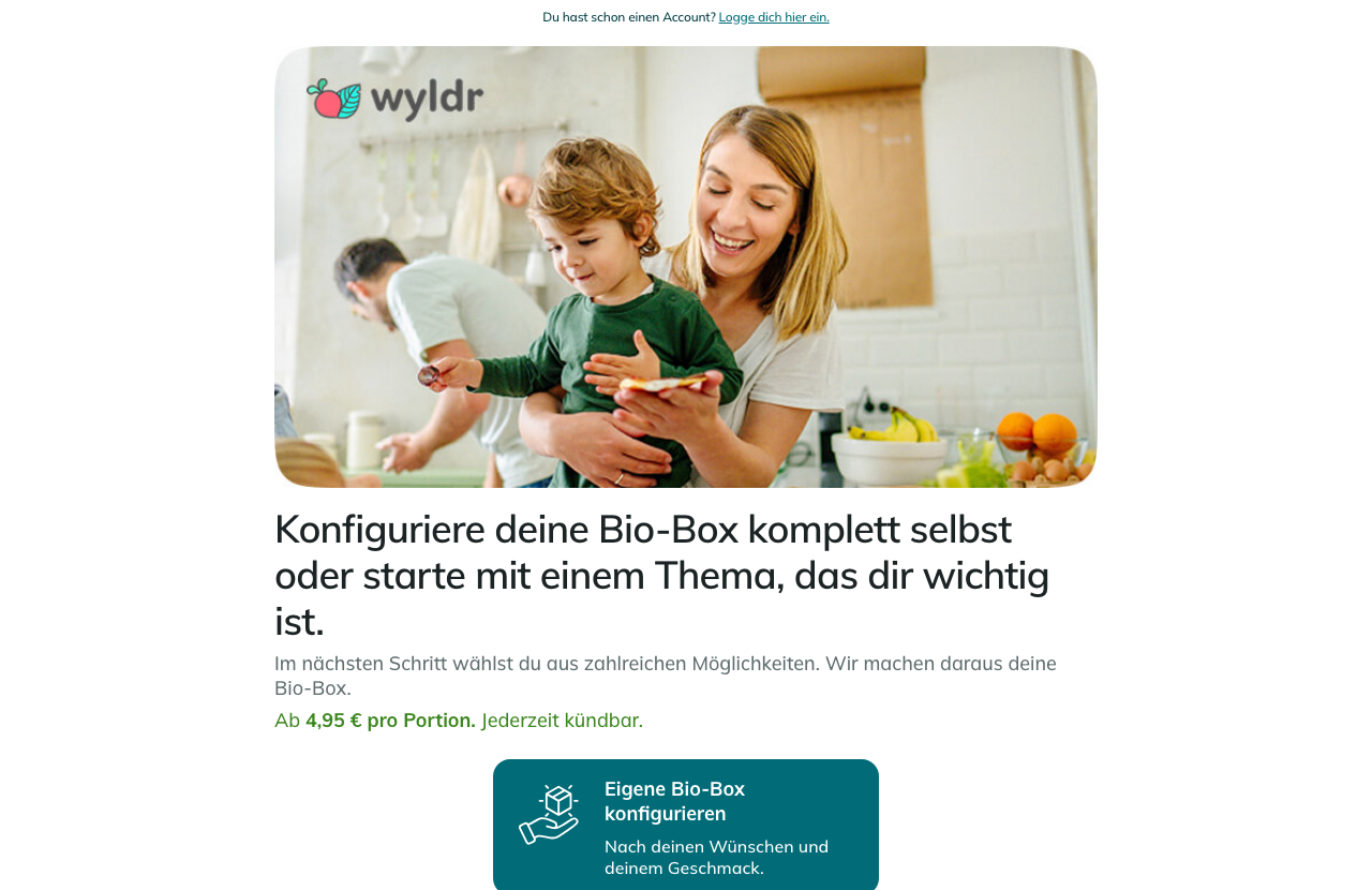 Wyldr Preiskonfigurator auf app.wyldr.de mit aktuellem Startpreis ab 4,95 Euro pro Portion