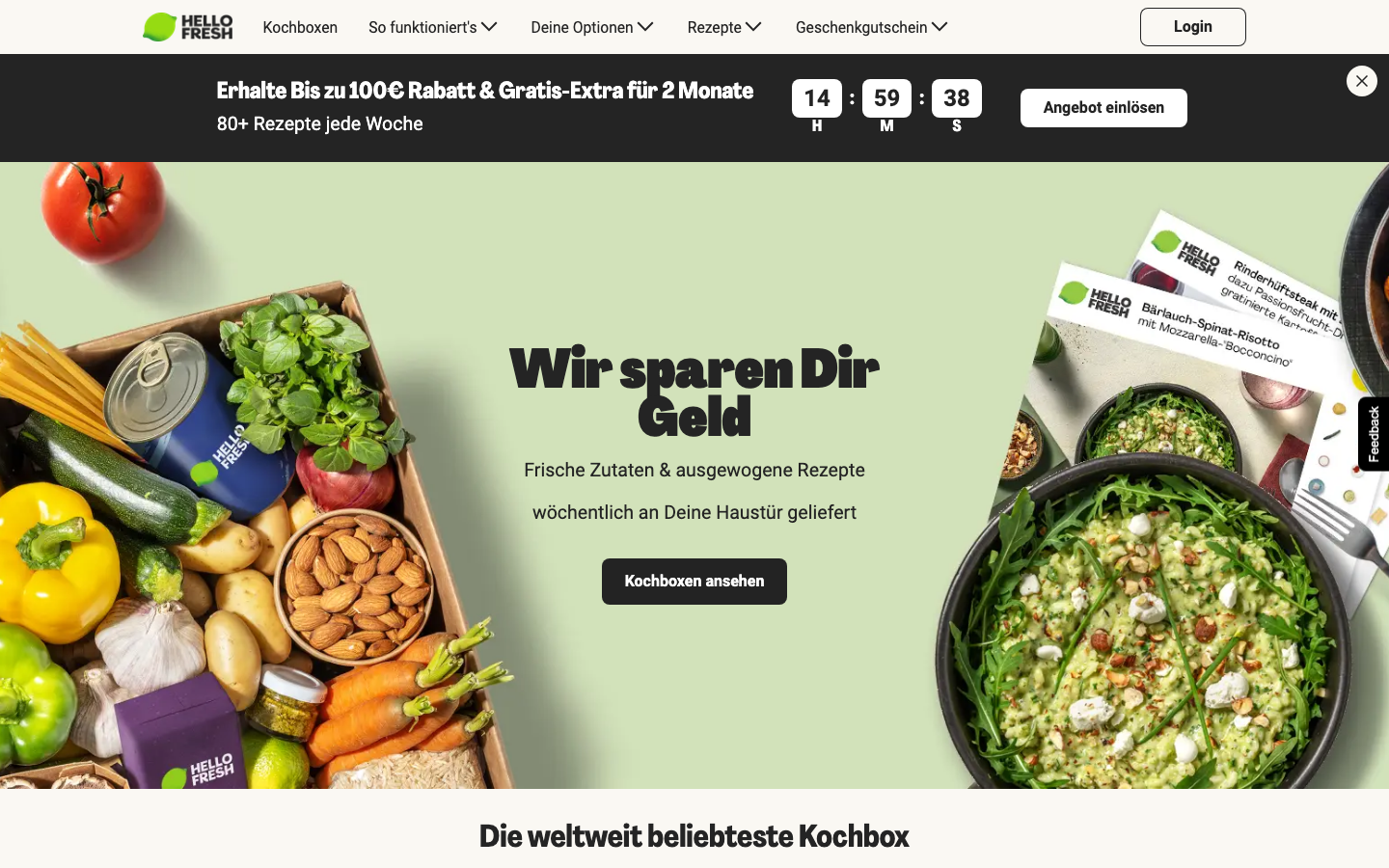 Startseite von HelloFresh, dem Anbieter für Kochboxen mit Rezepten und Zutaten