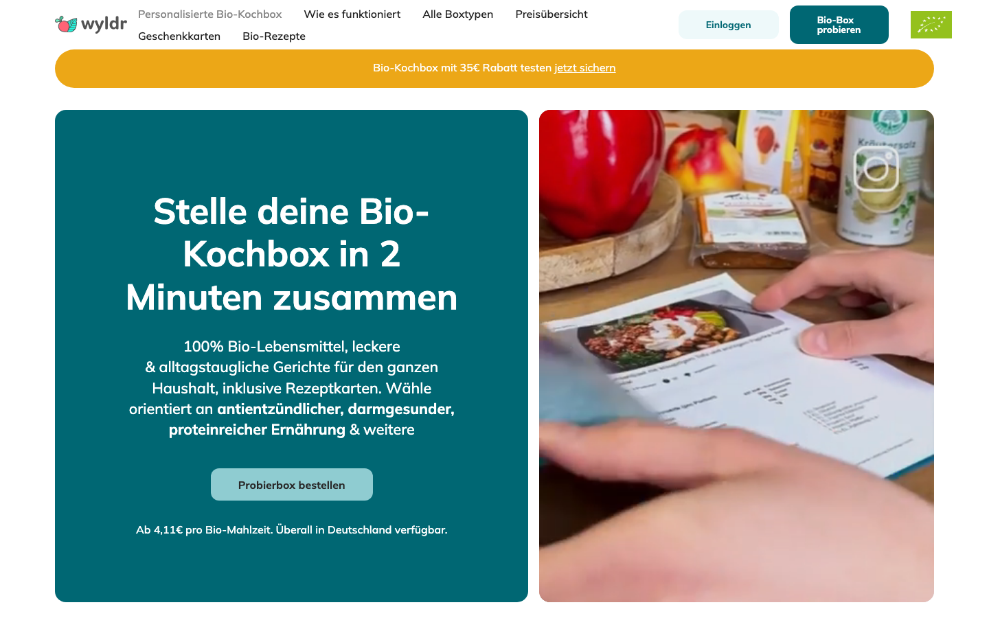 Wyldr Bio Kochbox Website – Startseite mit Neukundenangebot